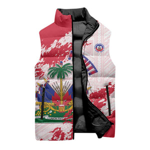 Custom Haiti Football Sleeveless Puffer Jacket Les Grenadiers Red Grunge Polynesian Tattoo