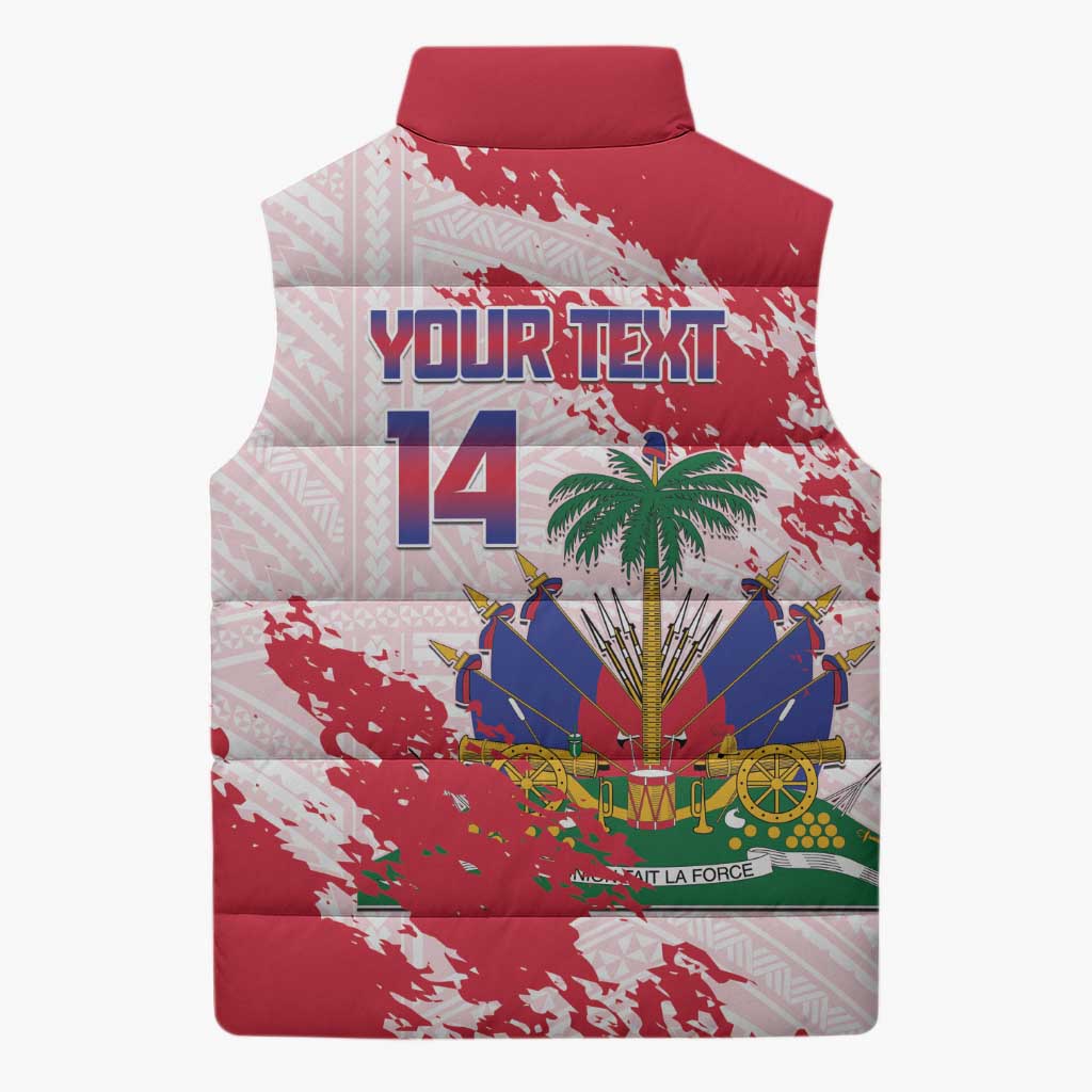 Custom Haiti Football Sleeveless Puffer Jacket Les Grenadiers Red Grunge Polynesian Tattoo