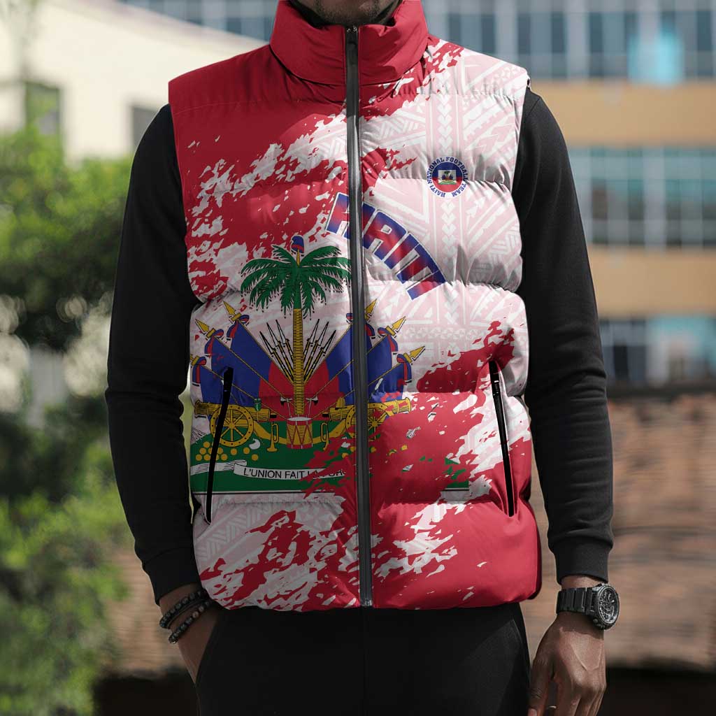 Custom Haiti Football Sleeveless Puffer Jacket Les Grenadiers Red Grunge Polynesian Tattoo