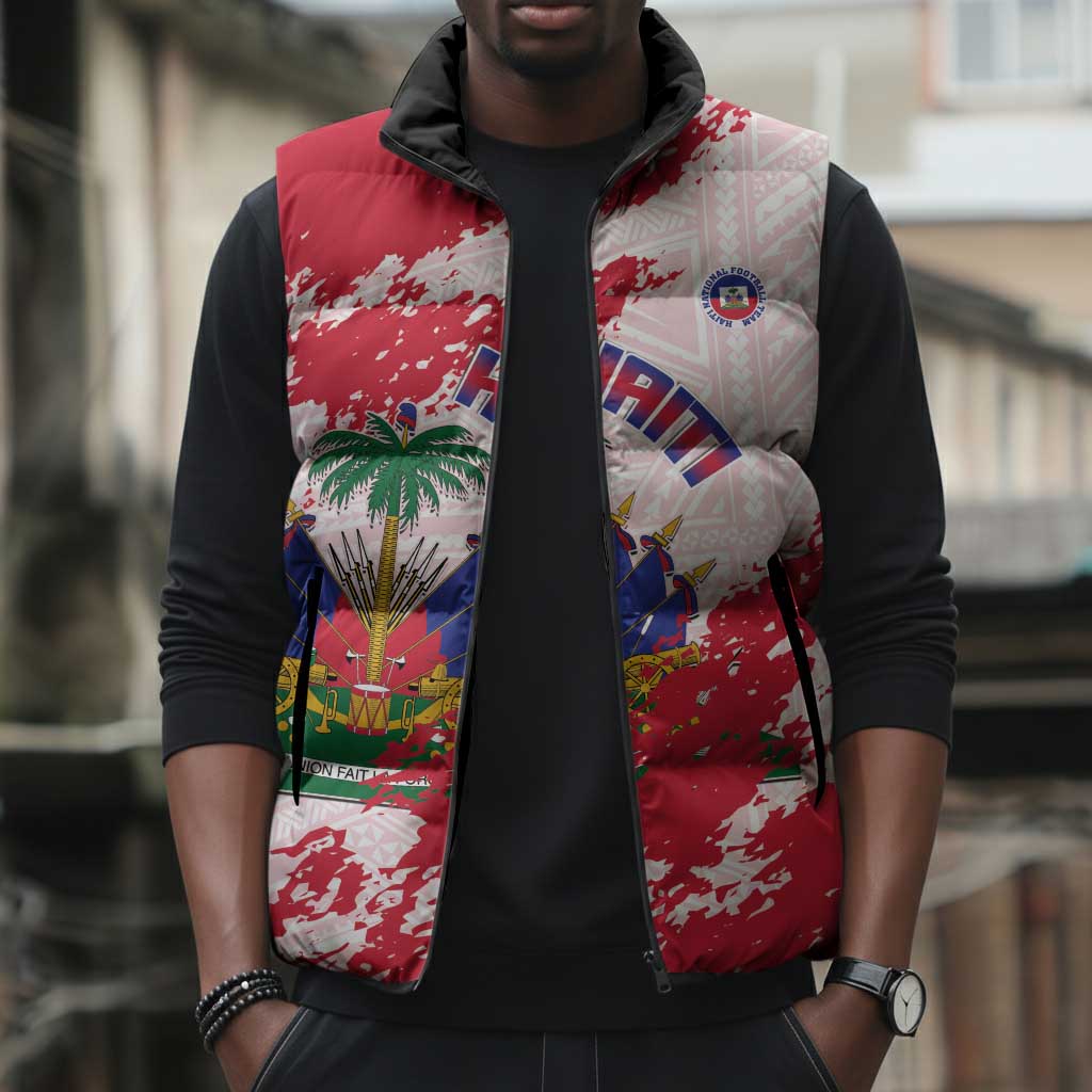 Custom Haiti Football Sleeveless Puffer Jacket Les Grenadiers Red Grunge Polynesian Tattoo