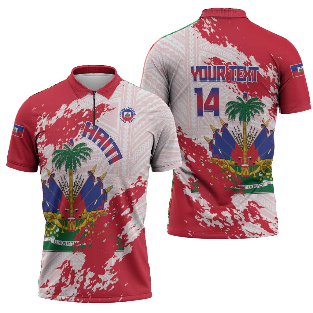 Custom Haiti Football Zipper Polo Shirt Les Grenadiers Red Grunge Polynesian Tattoo