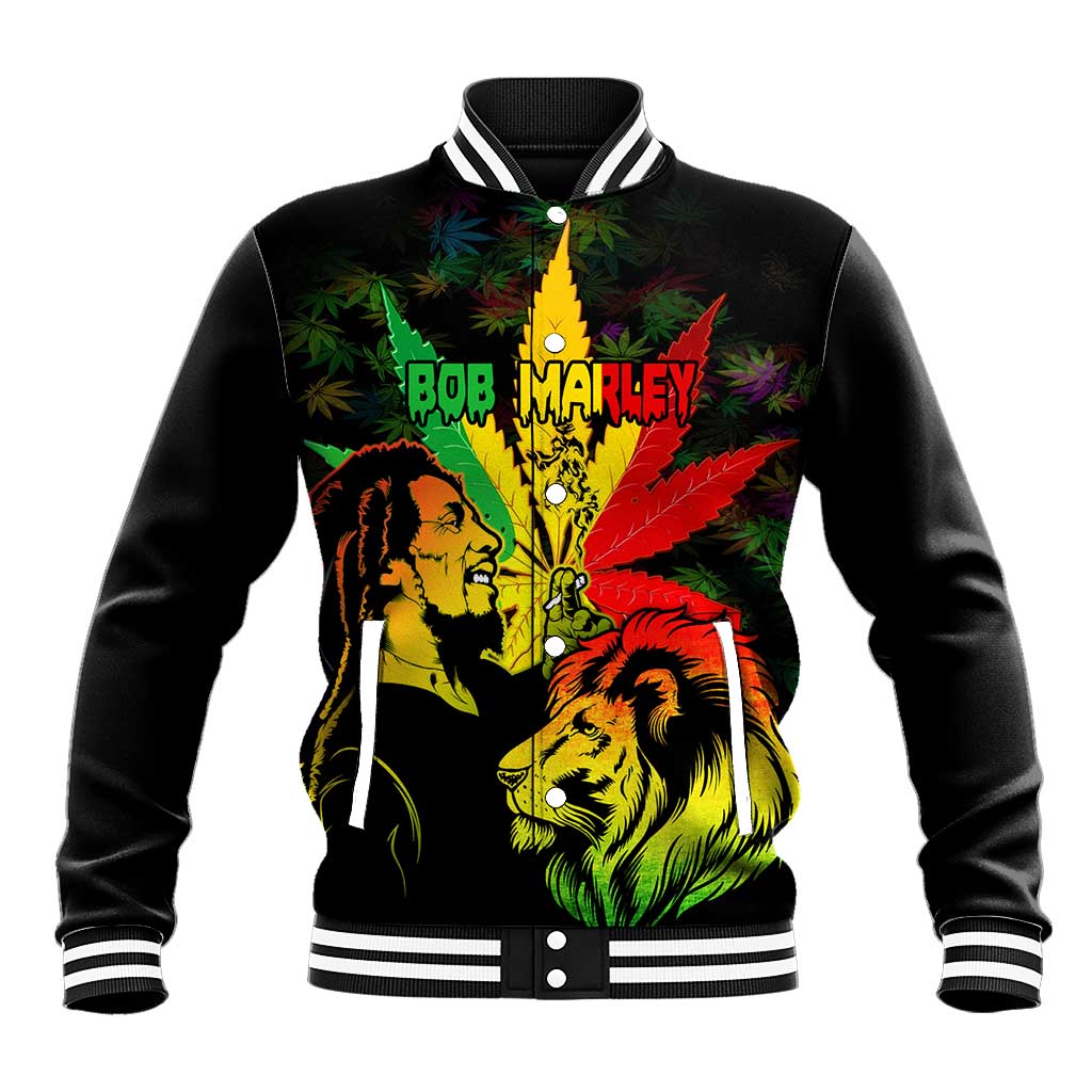 Afro Jamaica Legend Bob Baseball Jacket Lion With Cannabis Leaf Pattern LT14