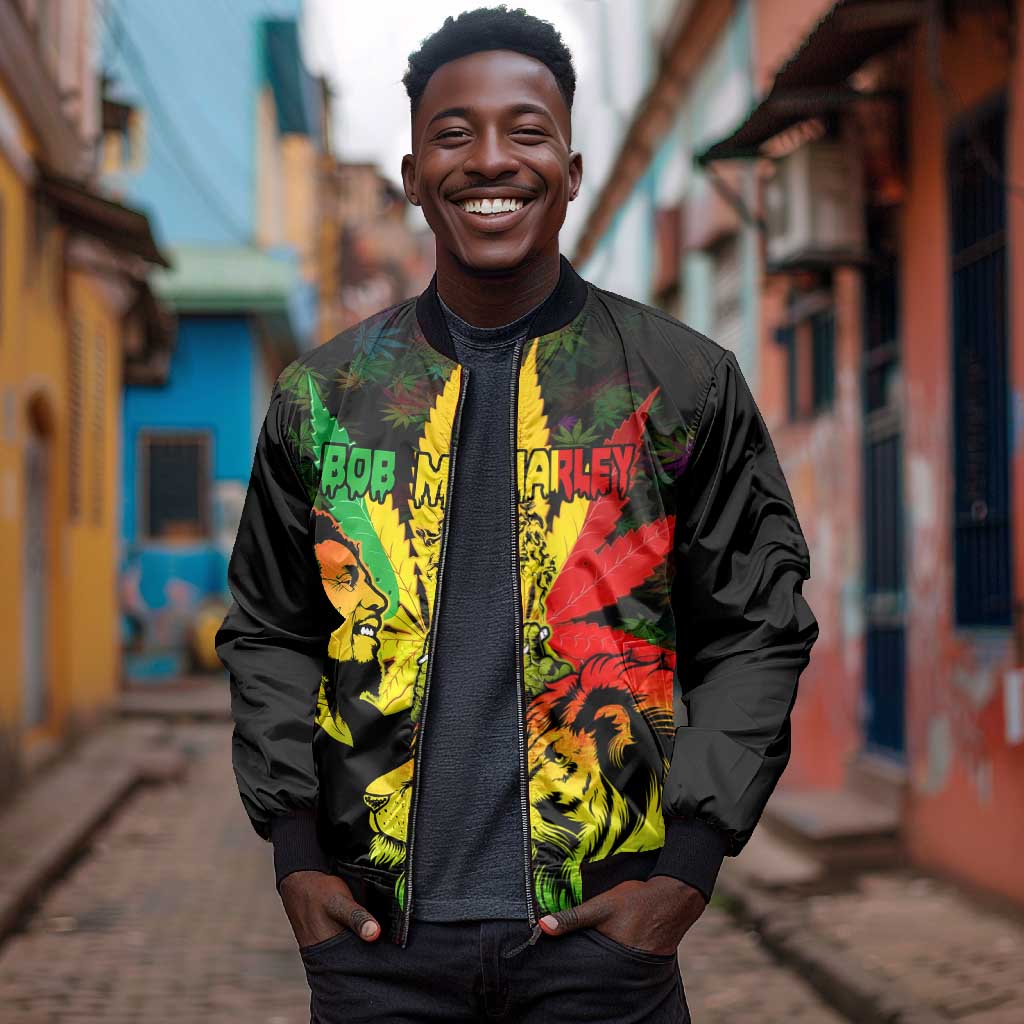 Afro Jamaica Legend Bob Bomber Jacket Lion With Cannabis Leaf Pattern LT14