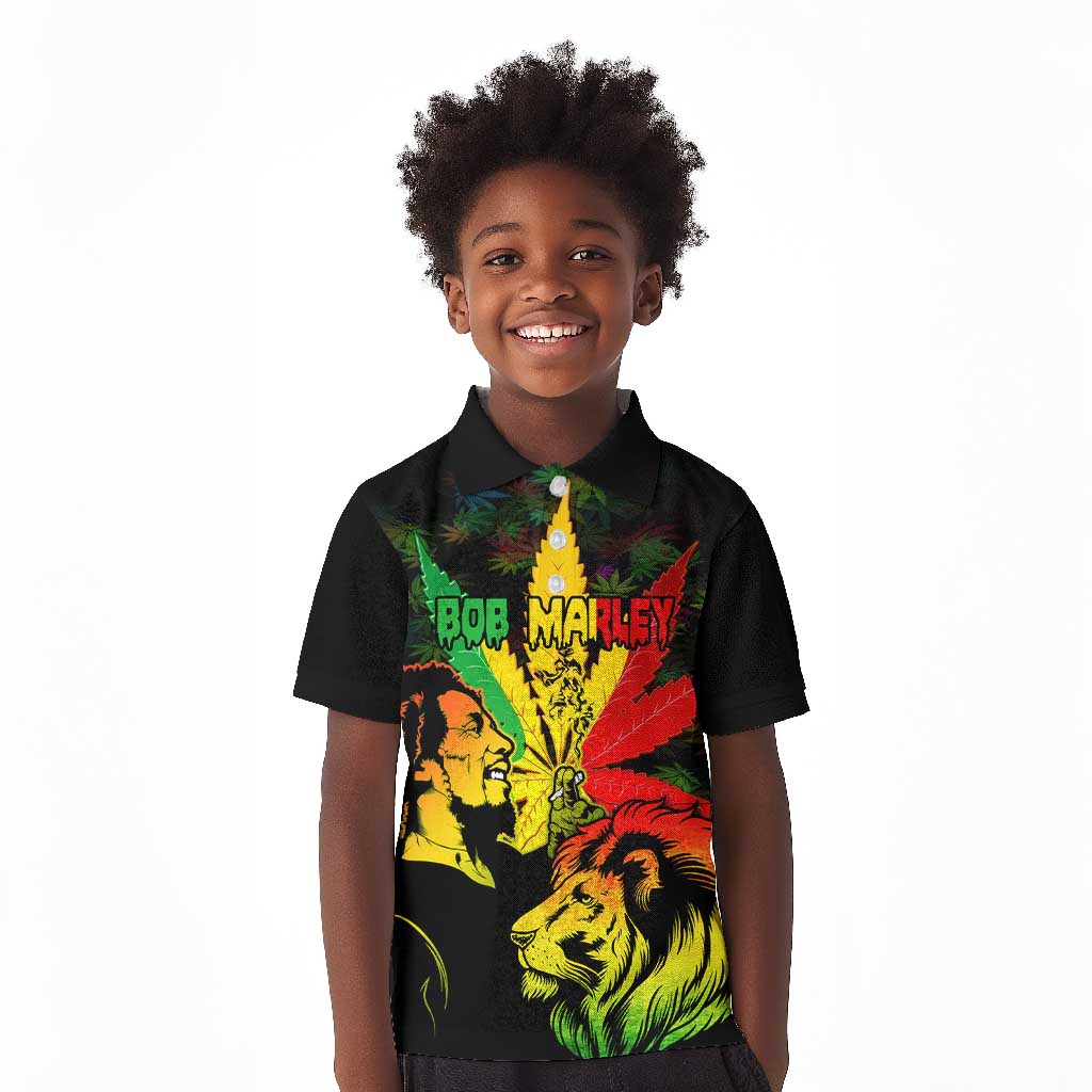 Afro Jamaica Legend Bob Kid Polo Shirt Lion With Cannabis Leaf Pattern LT14