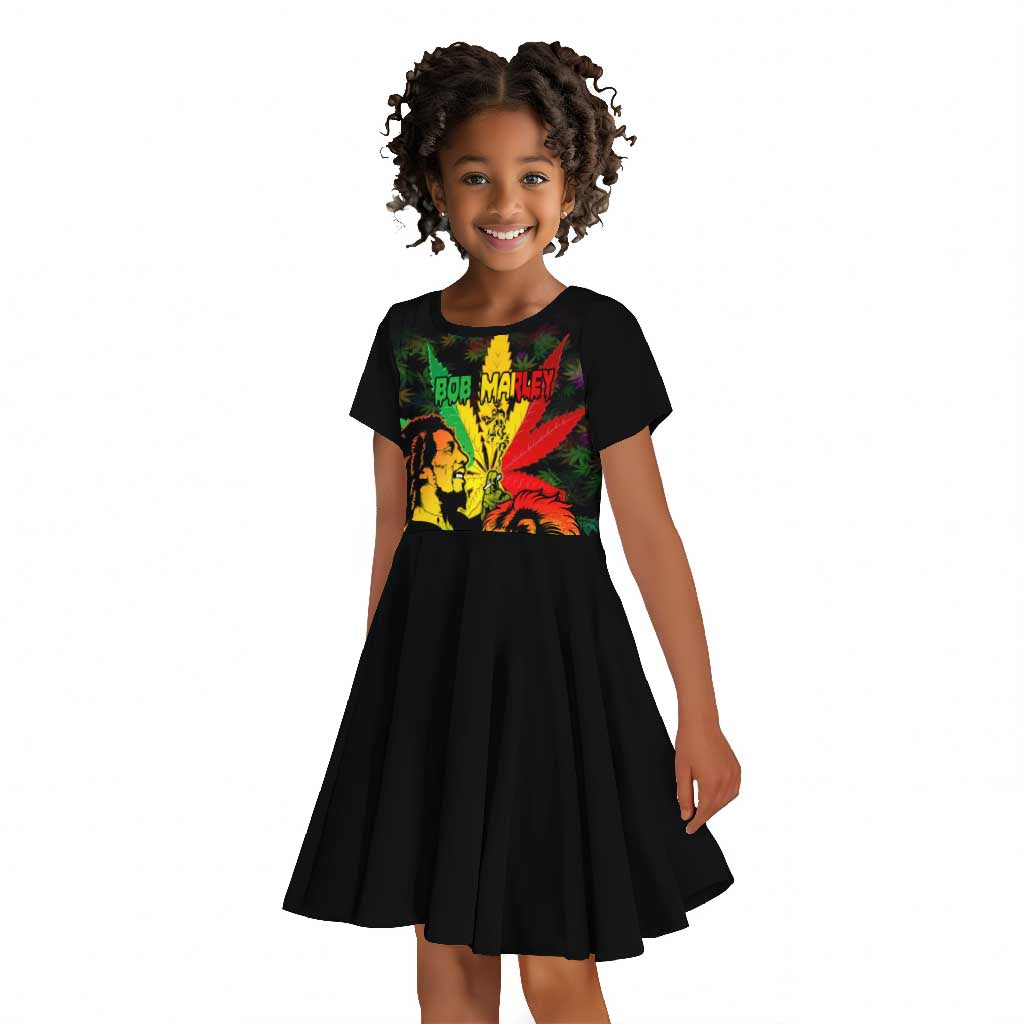 Afro Jamaica Legend Bob Kid Short Sleeve Dress Lion With Cannabis Leaf Pattern LT14