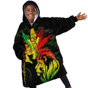 Afro Jamaica Legend Bob Kid Wearable Blanket Hoodie Lion With Cannabis Leaf Pattern LT14