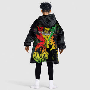 Afro Jamaica Legend Bob Kid Wearable Blanket Hoodie Lion With Cannabis Leaf Pattern LT14