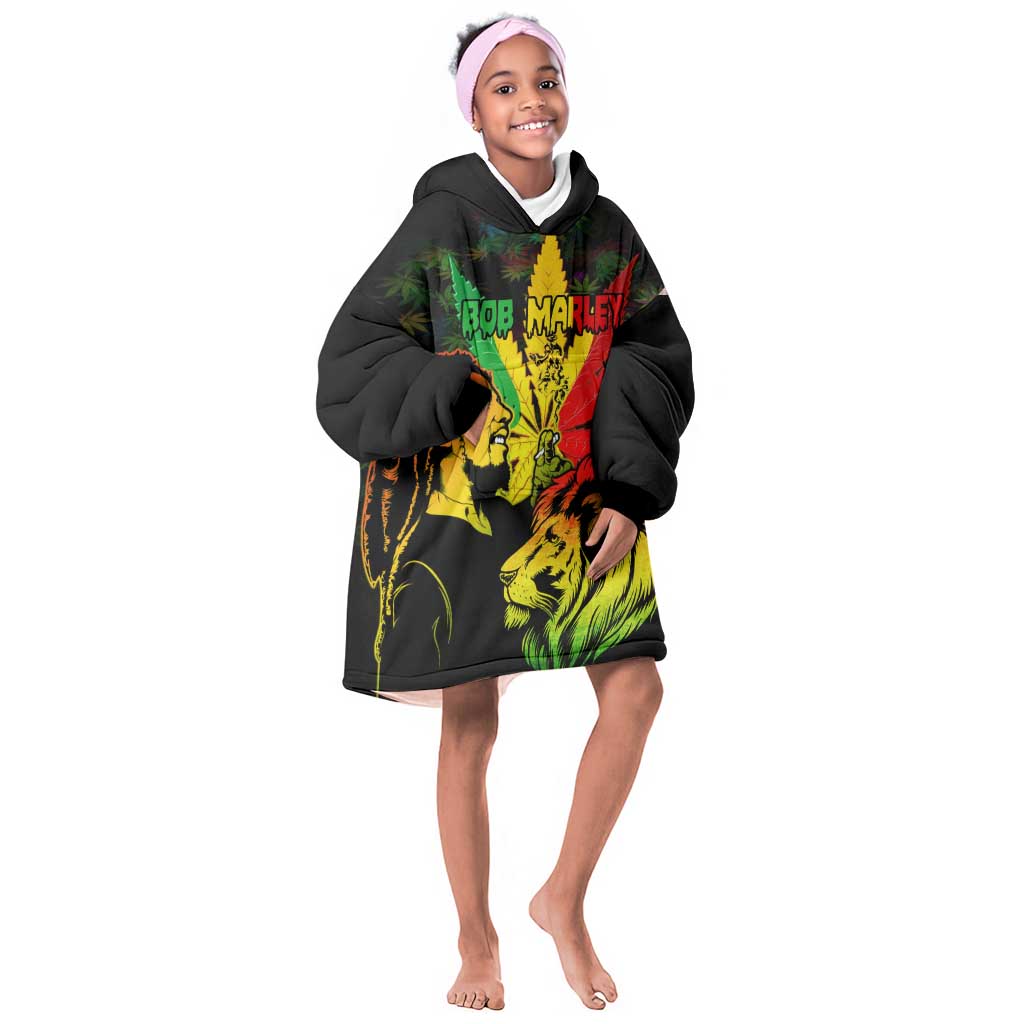 Afro Jamaica Legend Bob Kid Wearable Blanket Hoodie Lion With Cannabis Leaf Pattern LT14