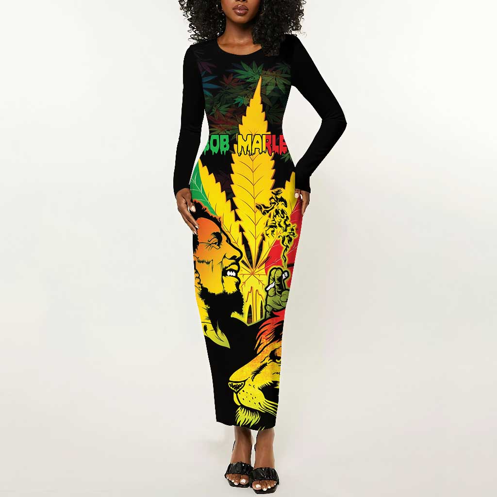 Afro Jamaica Legend Bob Long Sleeve Bodycon Dress Lion With Cannabis Leaf Pattern LT14