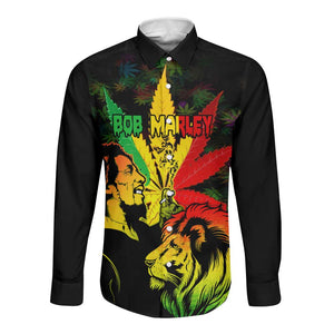 Afro Jamaica Legend Bob Long Sleeve Button Shirt Lion With Cannabis Leaf Pattern LT14