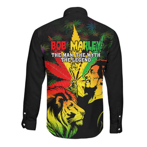 Afro Jamaica Legend Bob Long Sleeve Button Shirt Lion With Cannabis Leaf Pattern LT14