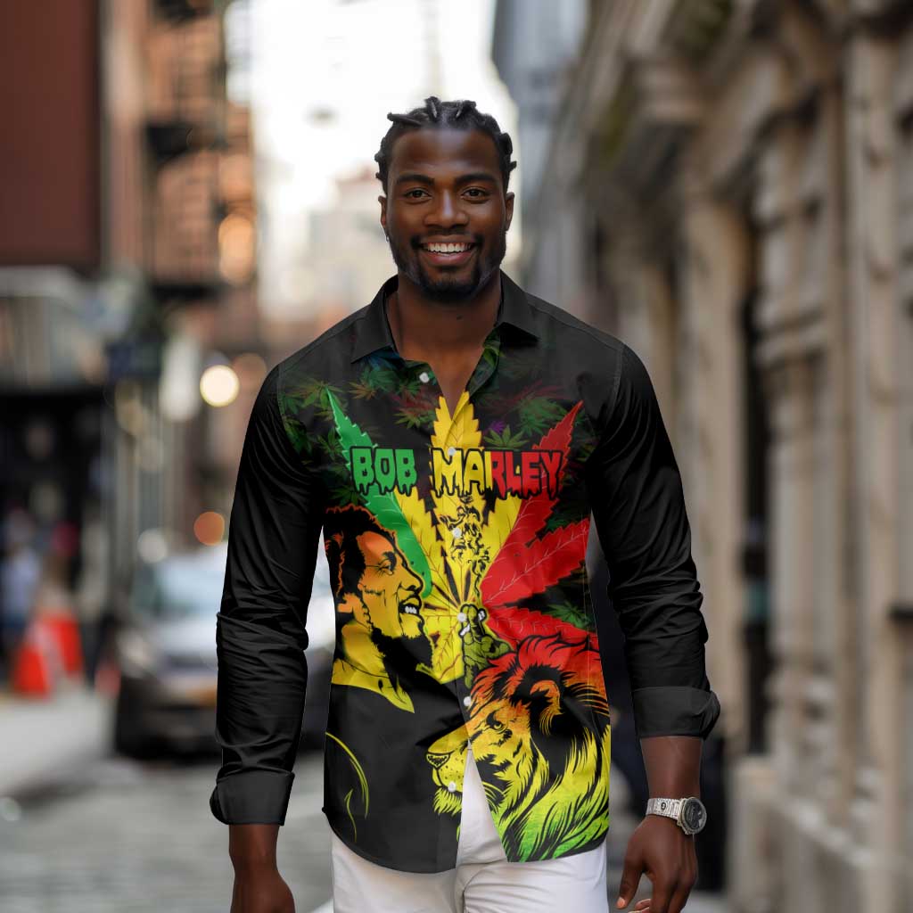 Afro Jamaica Legend Bob Long Sleeve Button Shirt Lion With Cannabis Leaf Pattern LT14