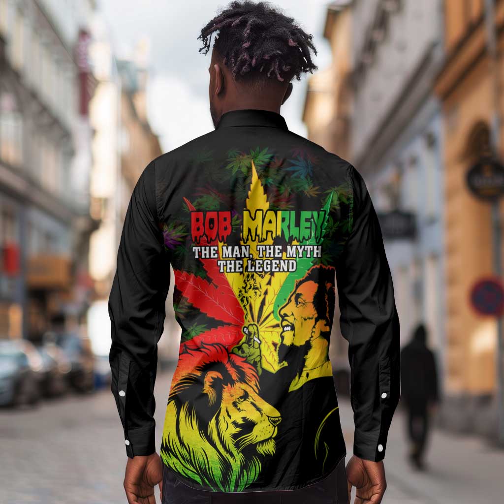 Afro Jamaica Legend Bob Long Sleeve Button Shirt Lion With Cannabis Leaf Pattern LT14