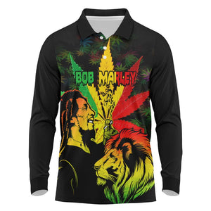 Afro Jamaica Legend Bob Long Sleeve Polo Shirt Lion With Cannabis Leaf Pattern LT14