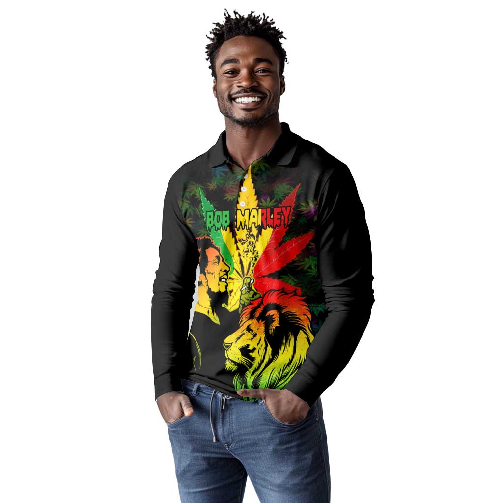 Afro Jamaica Legend Bob Long Sleeve Polo Shirt Lion With Cannabis Leaf Pattern LT14