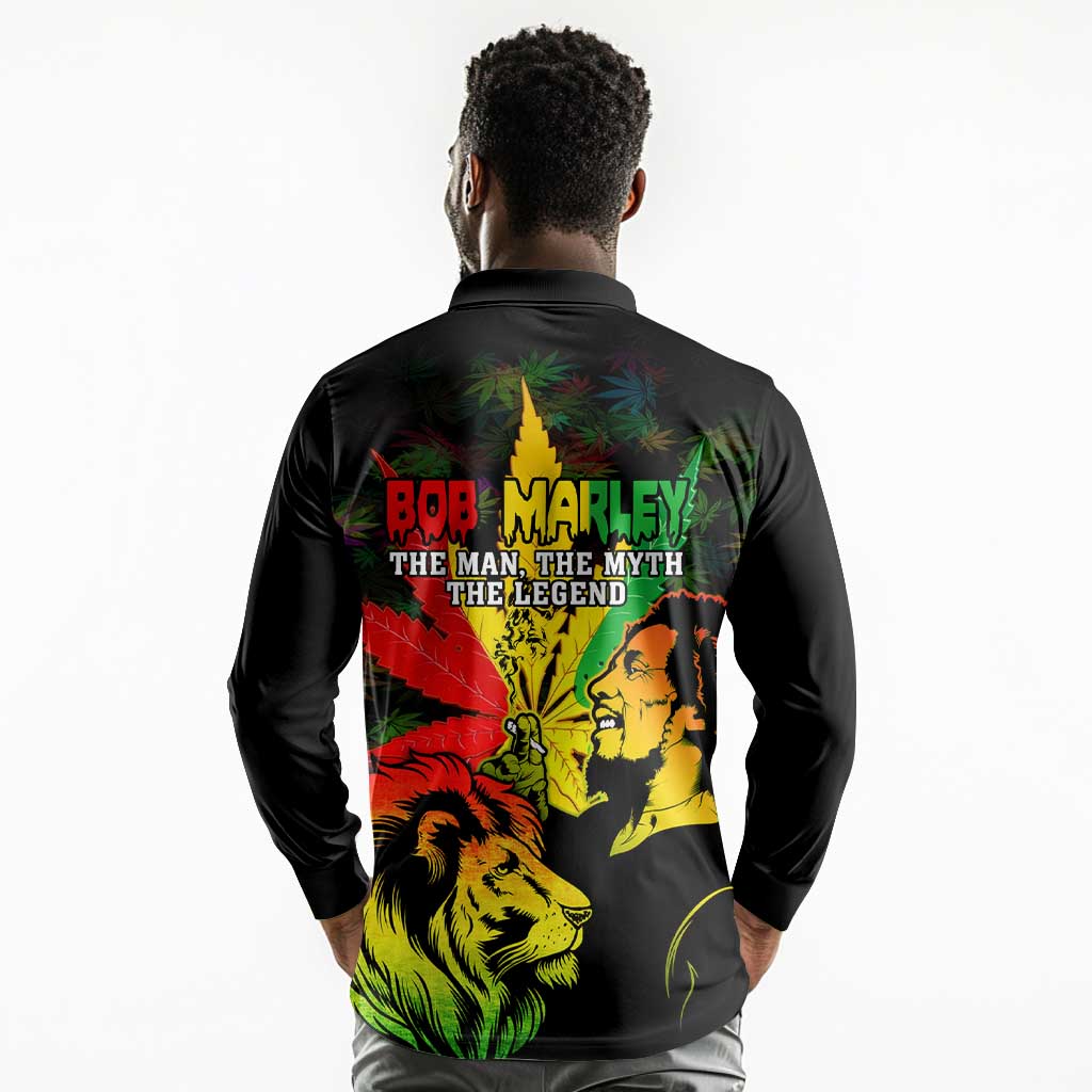 Afro Jamaica Legend Bob Long Sleeve Polo Shirt Lion With Cannabis Leaf Pattern LT14
