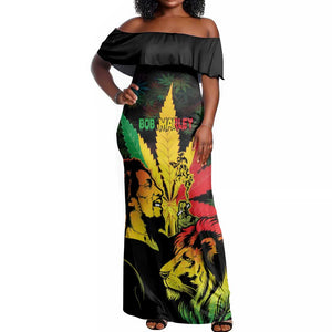 Afro Jamaica Legend Bob Off Shoulder Maxi Dress Lion With Cannabis Leaf Pattern LT14