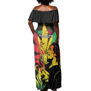 Afro Jamaica Legend Bob Off Shoulder Maxi Dress Lion With Cannabis Leaf Pattern LT14