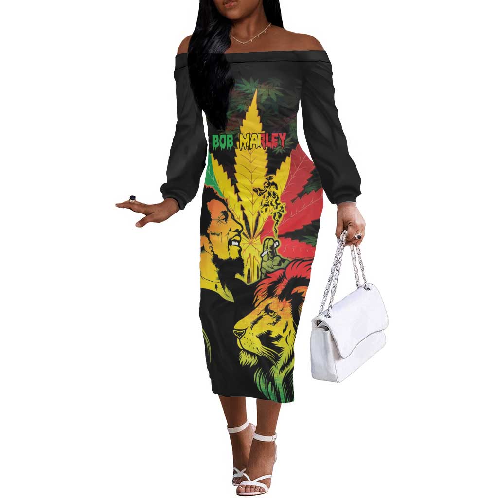 Afro Jamaica Legend Bob Off The Shoulder Long Sleeve Dress Lion With Cannabis Leaf Pattern LT14