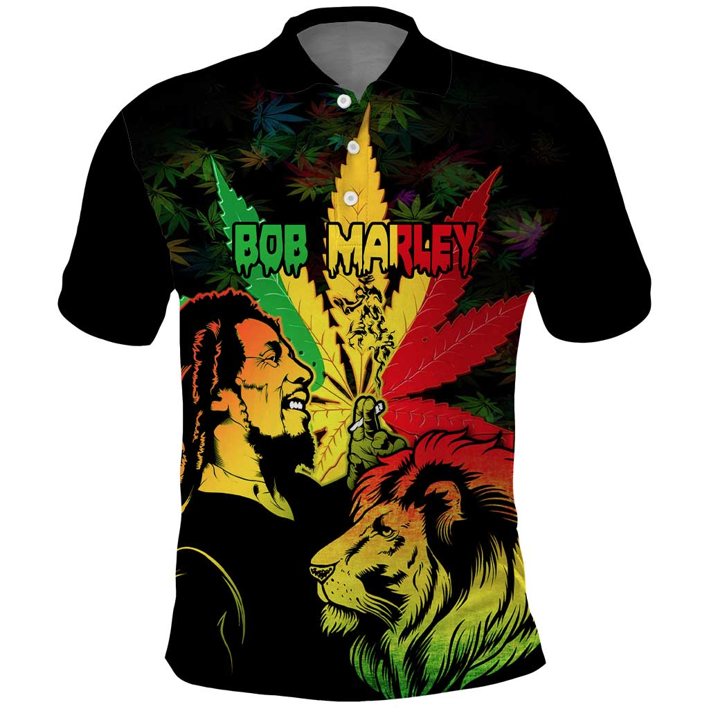 Afro Jamaica Legend Bob Polo Shirt Lion With Cannabis Leaf Pattern LT14