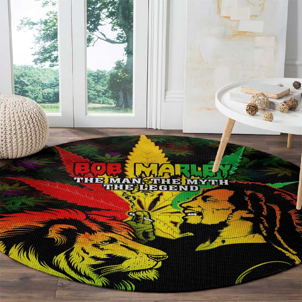 Afro Jamaica Legend Bob Round Carpet Lion With Cannabis Leaf Pattern
