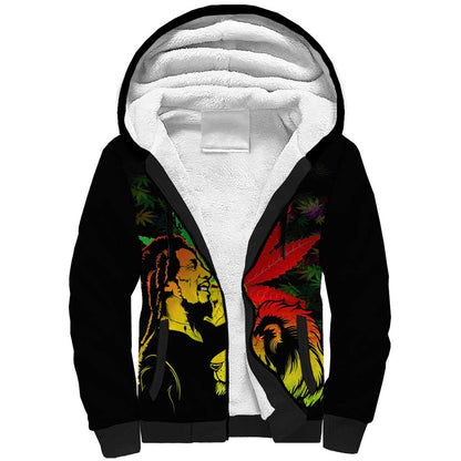 Afro Jamaica Legend Bob Sherpa Hoodie Lion With Cannabis Leaf Pattern LT14
