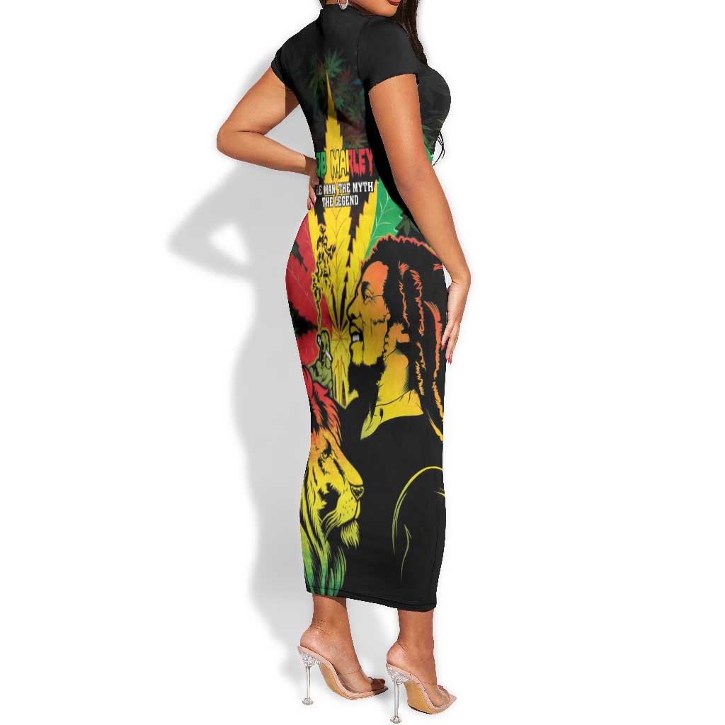 Afro Jamaica Legend Bob Short Sleeve Bodycon Dress Lion With Cannabis Leaf Pattern LT14