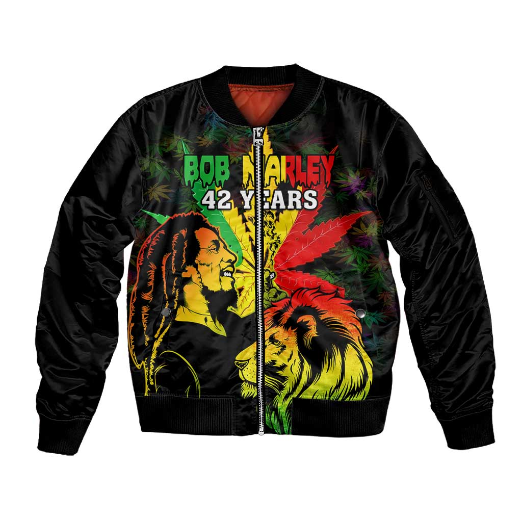 Afro Jamaica Legend Bob Sleeve Zip Bomber Jacket Lion With Cannabis Leaf Pattern