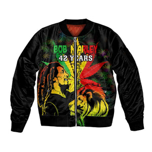 Afro Jamaica Legend Bob Sleeve Zip Bomber Jacket Lion With Cannabis Leaf Pattern