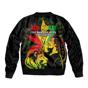 Afro Jamaica Legend Bob Sleeve Zip Bomber Jacket Lion With Cannabis Leaf Pattern