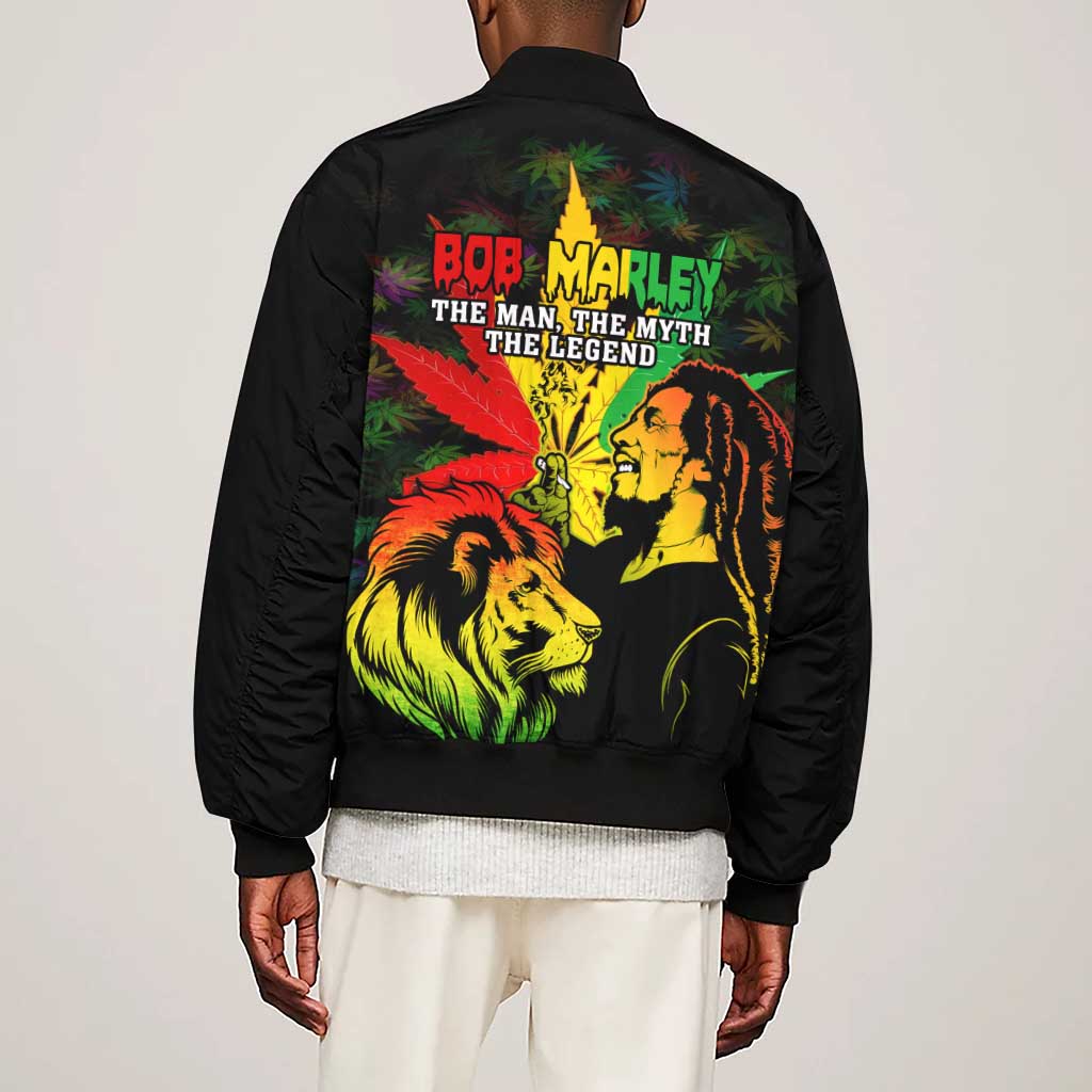 Afro Jamaica Legend Bob Sleeve Zip Bomber Jacket Lion With Cannabis Leaf Pattern