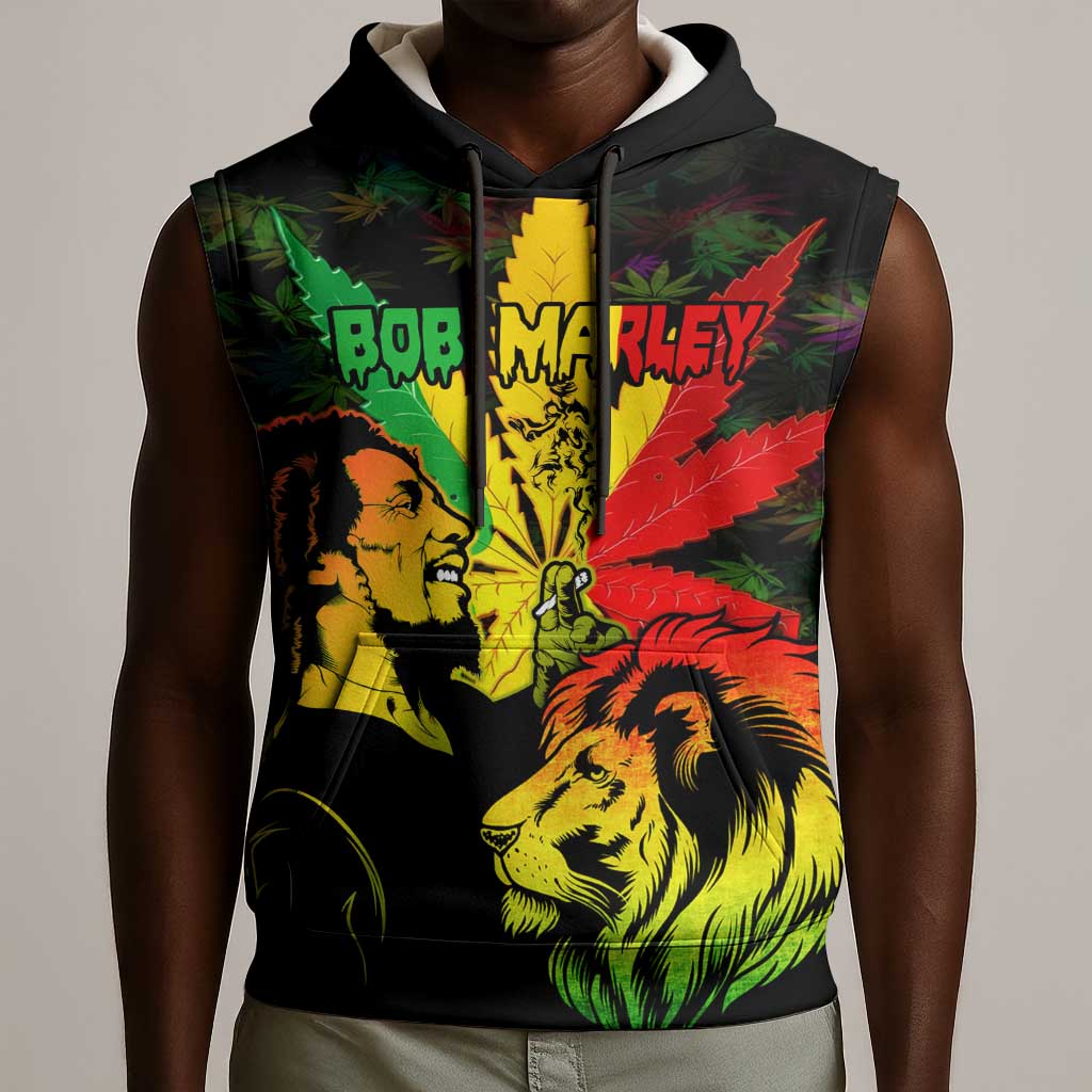Afro Jamaica Legend Bob Sleeveless Hoodie Lion With Cannabis Leaf Pattern LT14