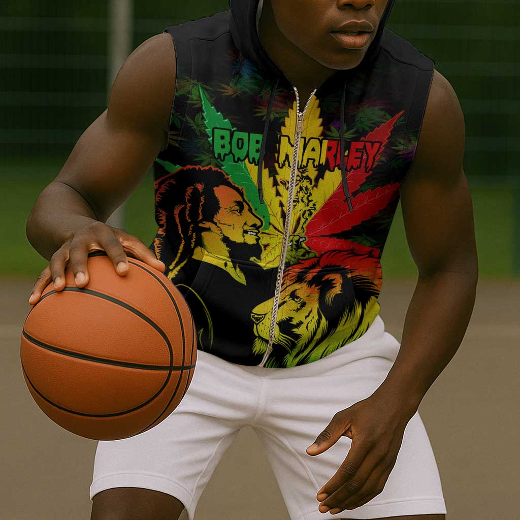 Afro Jamaica Legend Bob Sleeveless Zip Hoodie Lion With Cannabis Leaf Pattern LT14