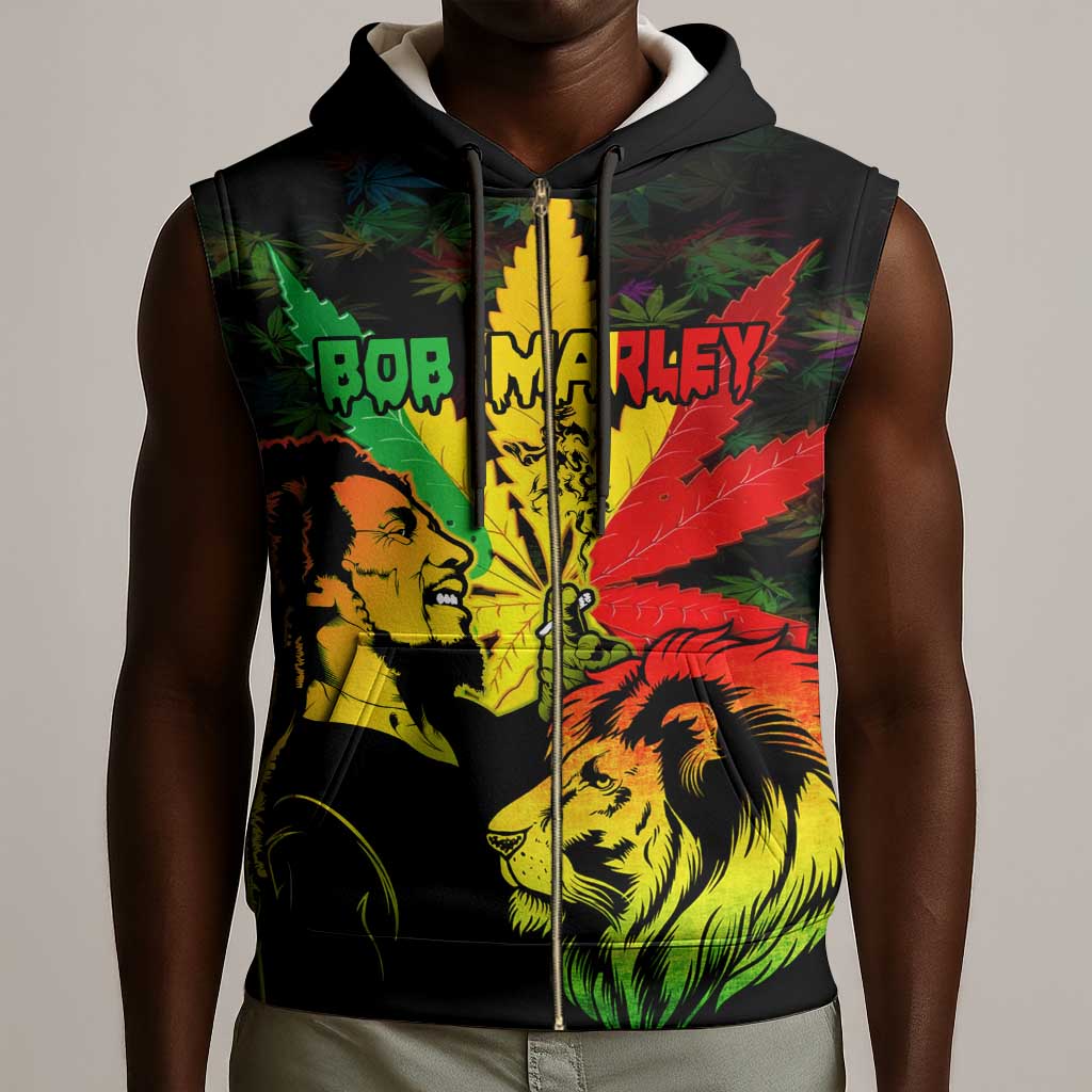Afro Jamaica Legend Bob Sleeveless Zip Hoodie Lion With Cannabis Leaf Pattern LT14