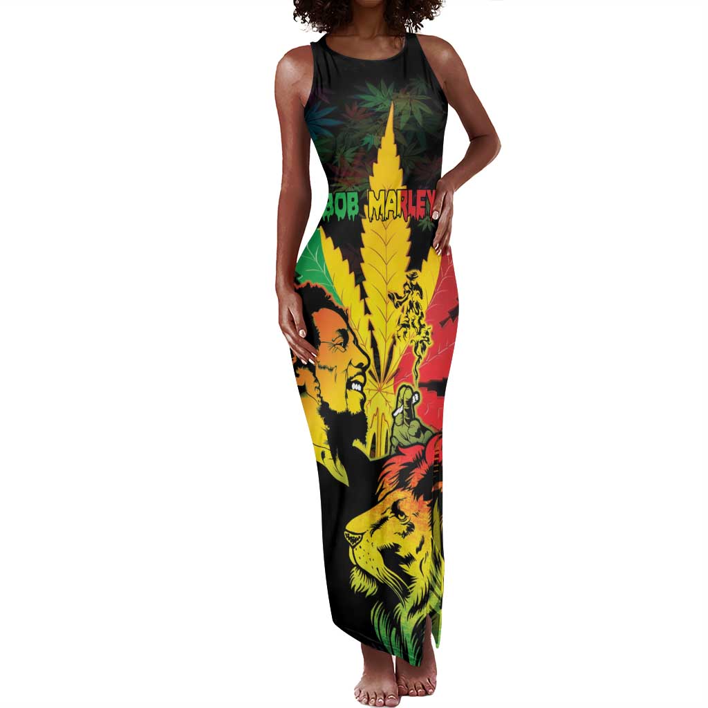 Afro Jamaica Legend Bob Tank Maxi Dress Lion Cannabis Leaf Pattern - African Pride