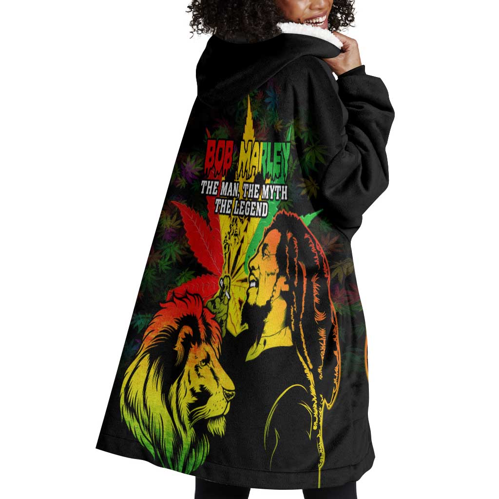 Afro Jamaica Legend Bob Wearable Blanket Hoodie Lion With Cannabis Leaf Pattern