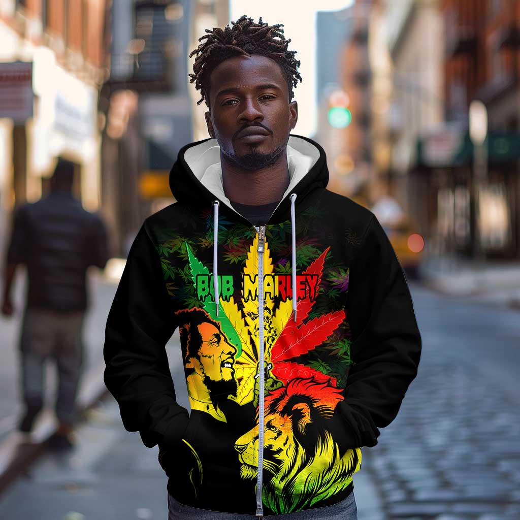 Afro Jamaica Legend Bob Zip Hoodie Lion With Cannabis Leaf Pattern LT14