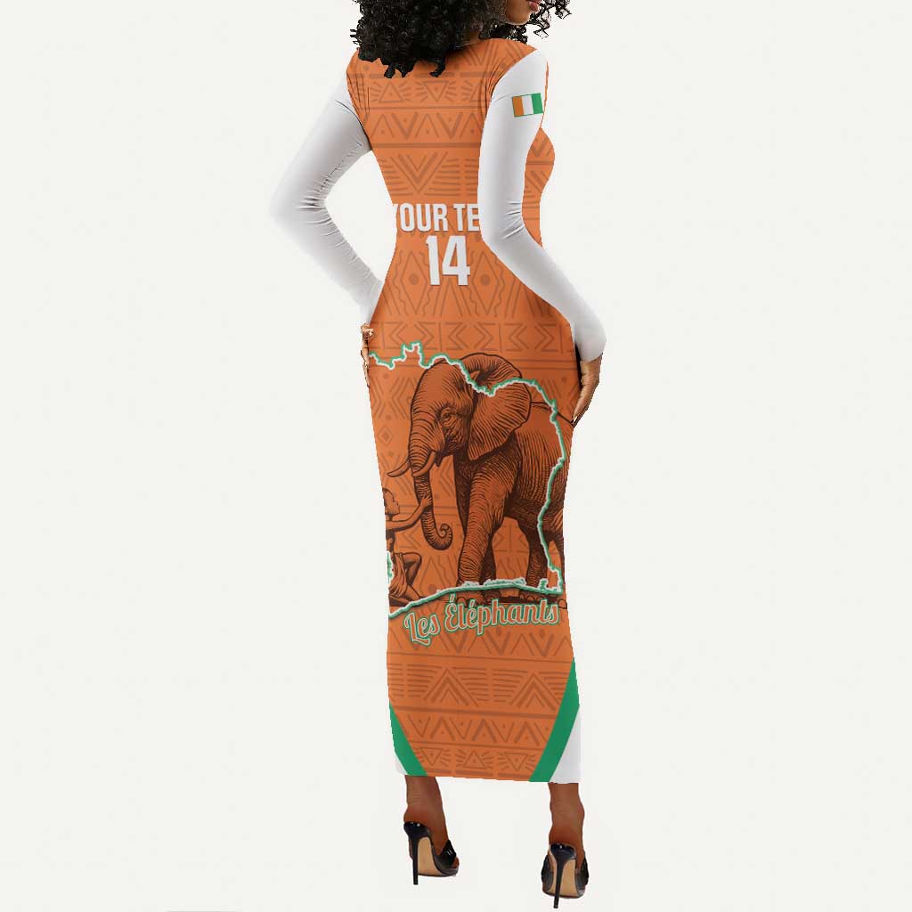 Custom Ivory Coast Football Long Sleeve Bodycon Dress 2026 Cote d'Ivoire Les Elephants Orange Version - African Pride