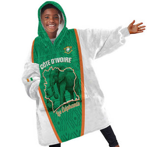 Custom Ivory Coast Football Kid Wearable Blanket Hoodie 2026 Cote d'Ivoire Les Elephants Green Version - African Pride