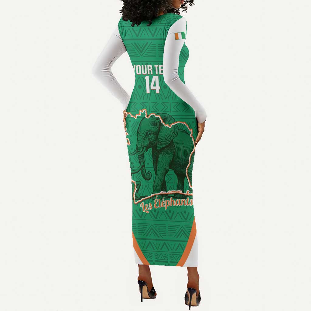 Custom Ivory Coast Football Long Sleeve Bodycon Dress 2026 Cote d'Ivoire Les Elephants Green Version - African Pride