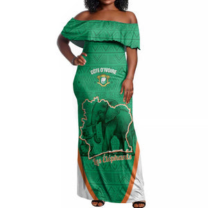 Custom Ivory Coast Football Off Shoulder Maxi Dress 2026 Cote d'Ivoire Les Elephants Green Version - African Pride