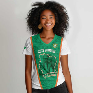 Custom Ivory Coast Football Women V-Neck T-Shirt 2026 Cote d'Ivoire Les Elephants Green Version LT14