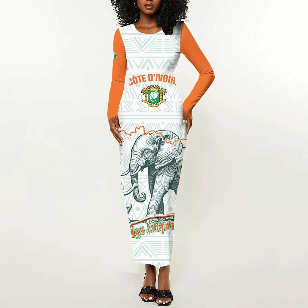 Custom Ivory Coast Football Long Sleeve Bodycon Dress 2026 Cote d'Ivoire Les Elephants White Version - African Pride