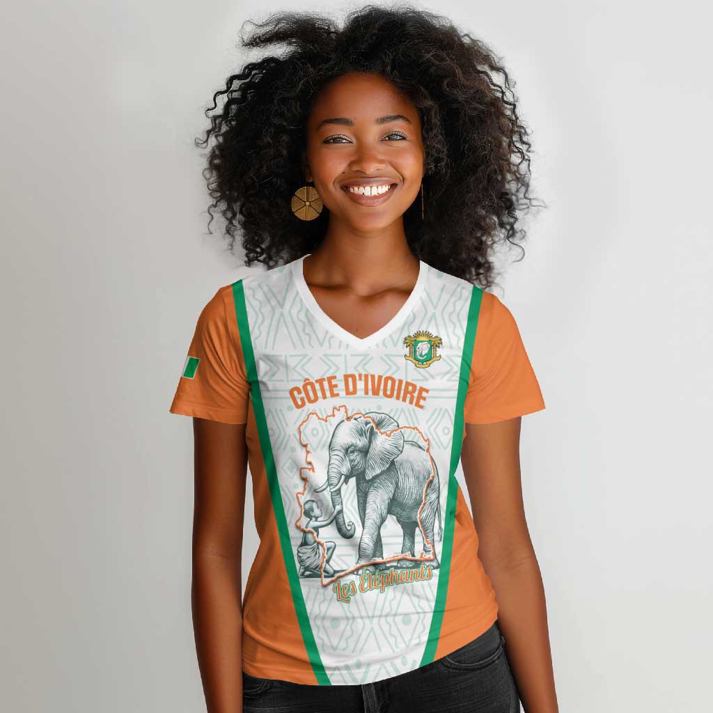 Custom Ivory Coast Football Women V-Neck T-Shirt 2026 Cote d'Ivoire Les Elephants White Version LT14
