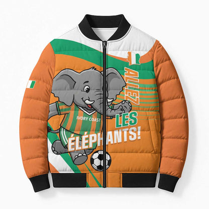 Custom Ivory Coast Football Bomber Puffer Jacket 2026 Allez Les Elephants Cute Mascot - African Pride