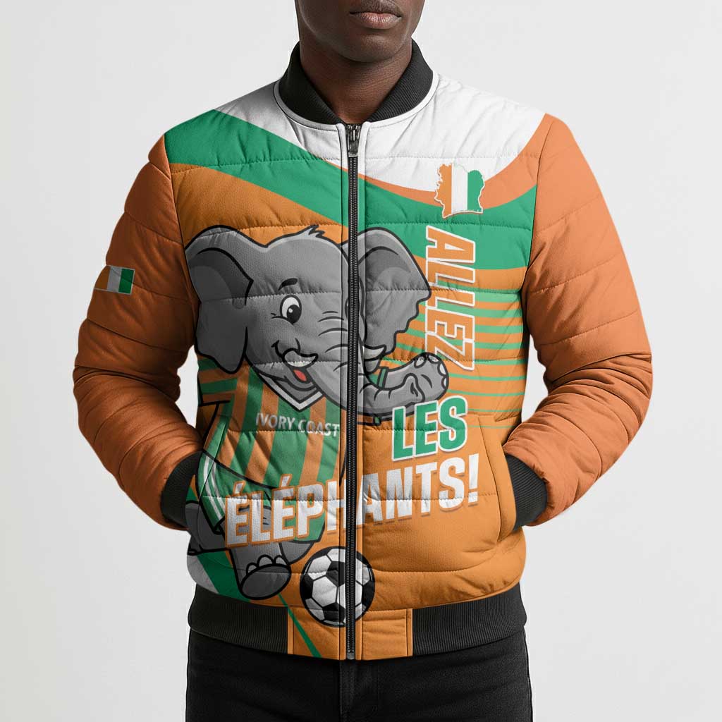 Custom Ivory Coast Football Bomber Puffer Jacket 2026 Allez Les Elephants Cute Mascot - African Pride