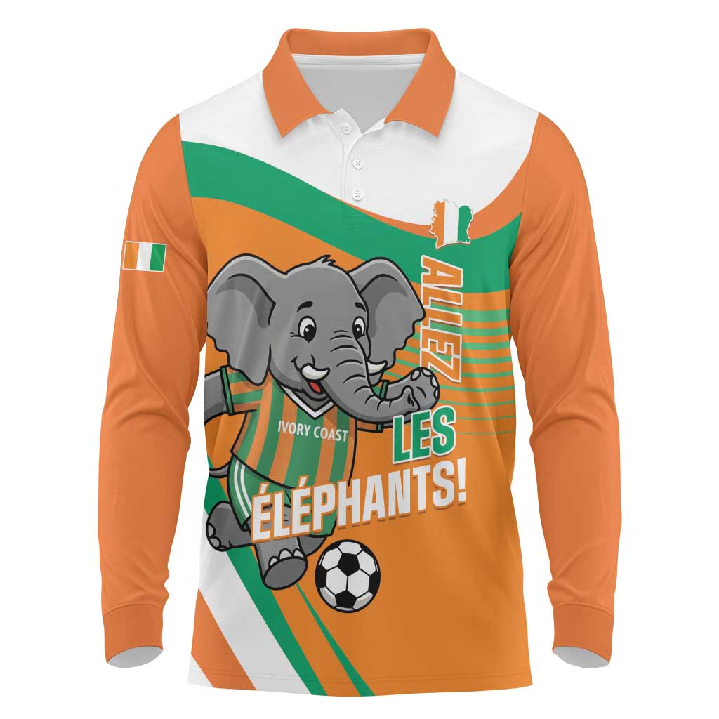 Custom Ivory Coast Football Long Sleeve Polo Shirt 2026 Allez Les Elephants Cute Mascot - African Pride