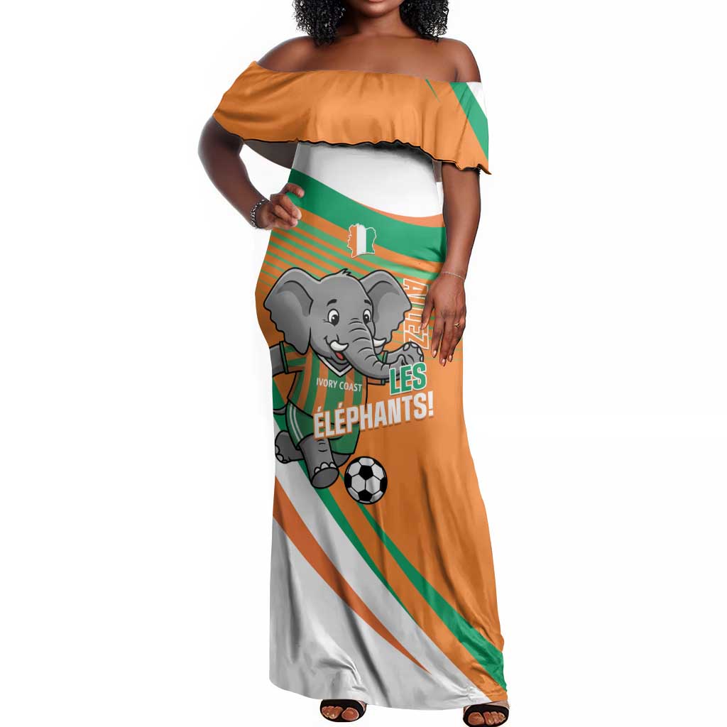 Custom Ivory Coast Football Off Shoulder Maxi Dress 2026 Allez Les Elephants Cute Mascot - African Pride