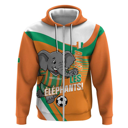 Custom Ivory Coast Football Zip Hoodie 2026 Allez Les Elephants Cute Mascot - African Pride