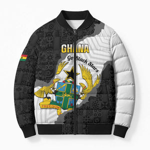 Custom Ghana Football Bomber Puffer Jacket 2026 Go Black Stars Black Adinkra Pattern - African Pride